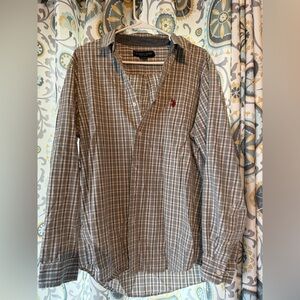U.S. Polo Assn. Men's Plaid Button-Down Shirt - Gray and Brown with Red Logo